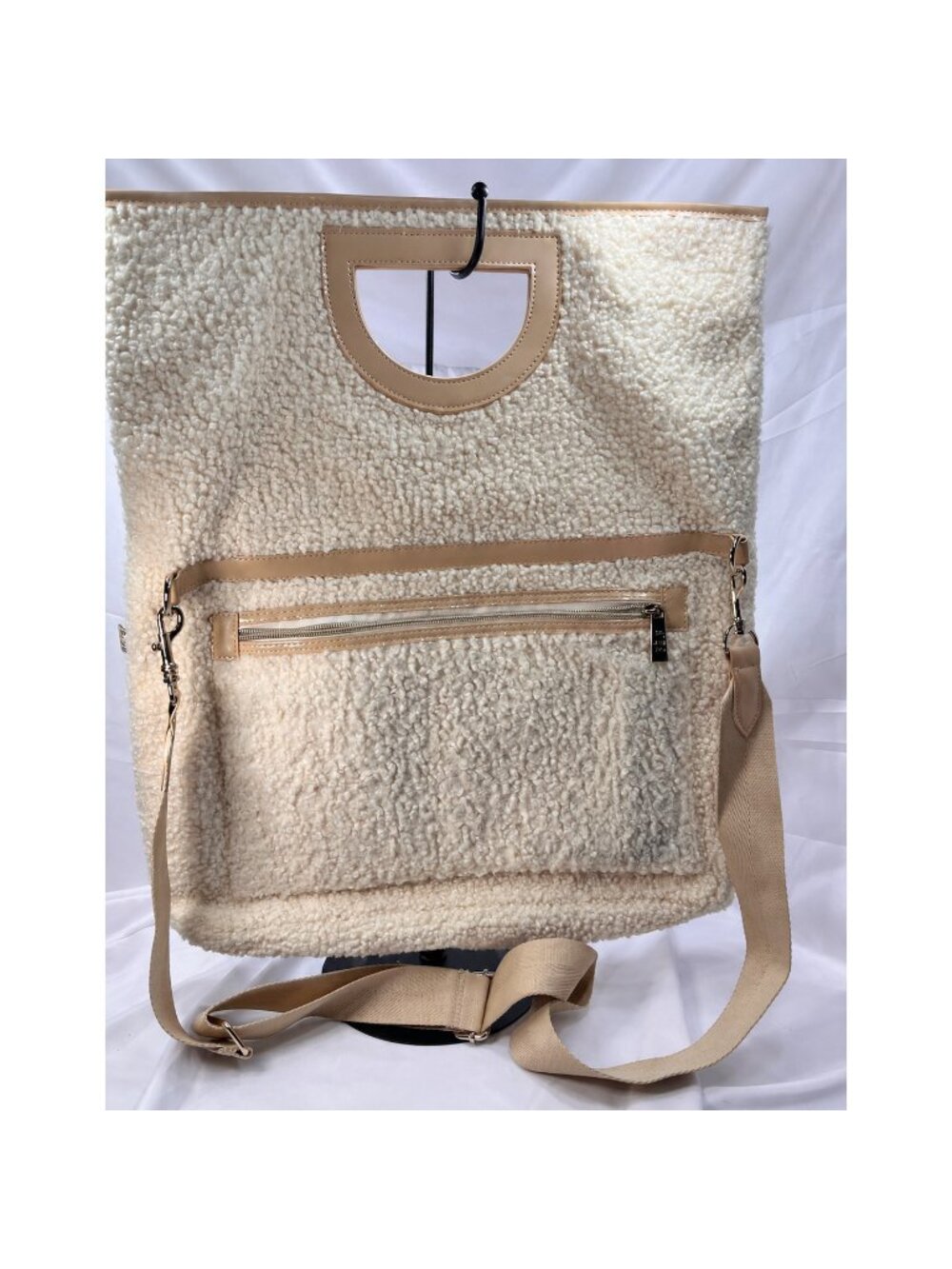 BÉIS Cream Sherpa Foldover Tote Bag Detachable Strap Convertible Crossbody